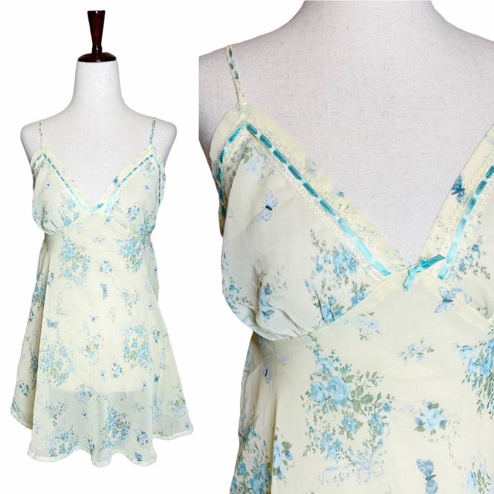 Vintage Y2K Fairycore Pale Yellow & Blue Floral Butterfly Chiffon Slip Dress
